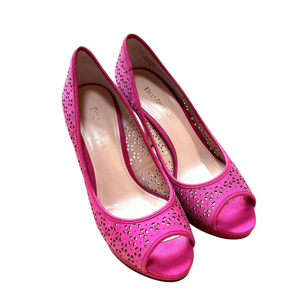 Enzo Angiolini 'Demario' pink suede leather pumps laser cut open toe uppers 8.5M